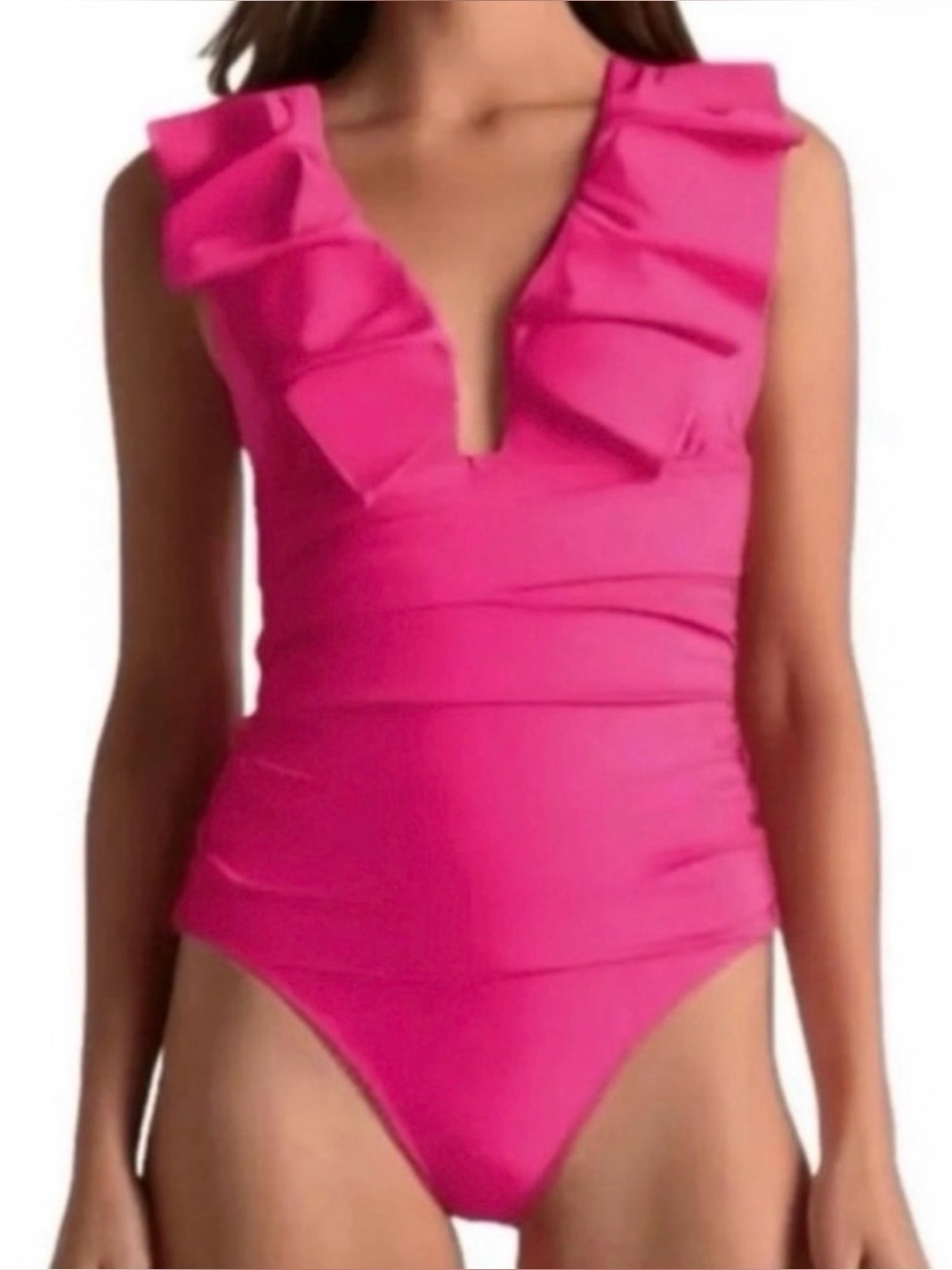 NWT J.Crew Ruched Ruffle V-Neck Swimsuit - Radiant Fuchsia - FULLY LINED